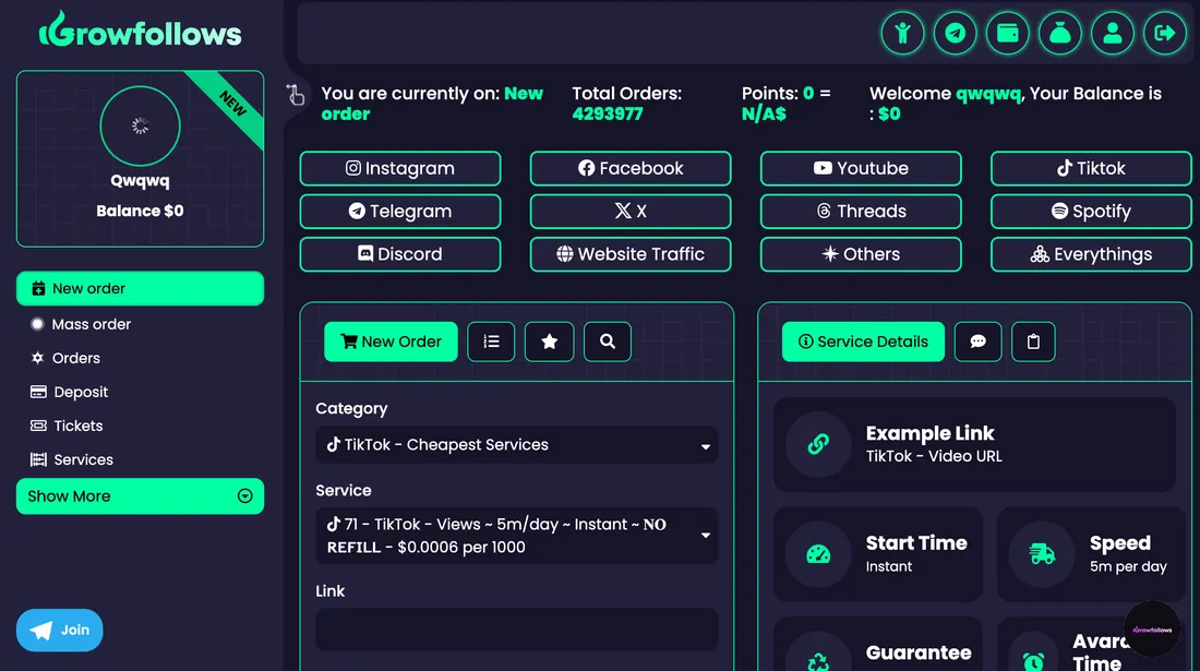 GrowFollows.com screenshot