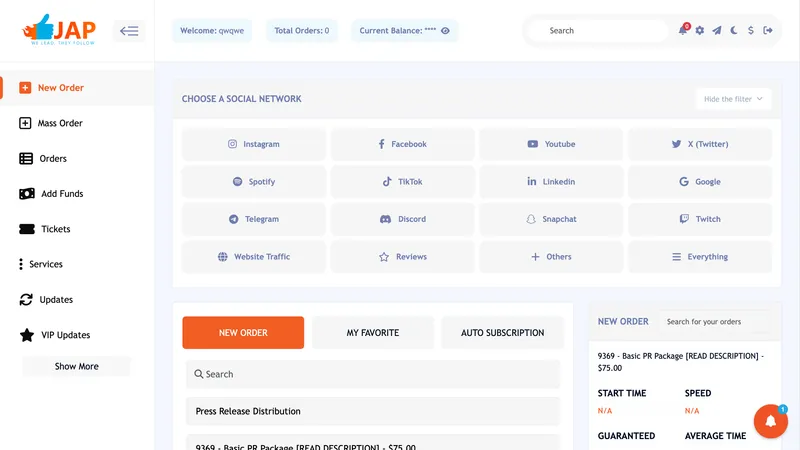 JustAnotherPanel.com screenshot