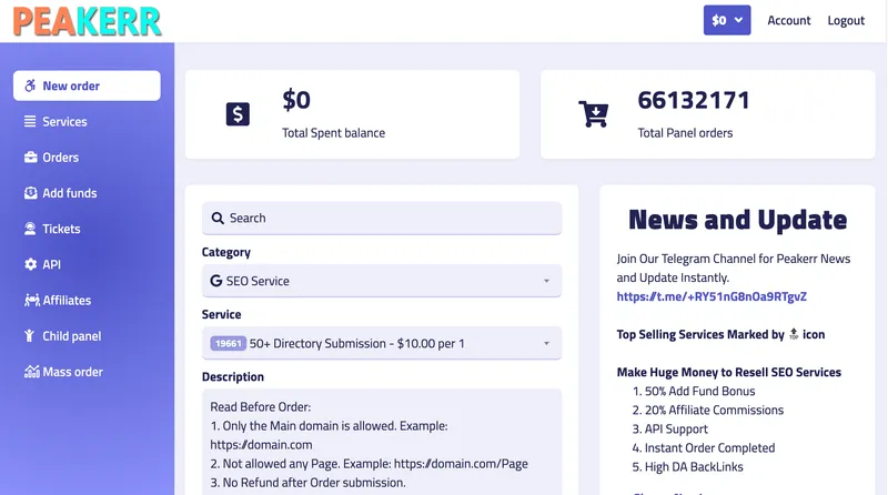 Peakerr.com screenshot